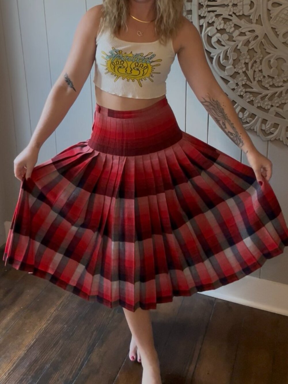 Vintage 60s Haymaker Reversible Ombre Striped Pleated Midi Skirt Red Grey Black